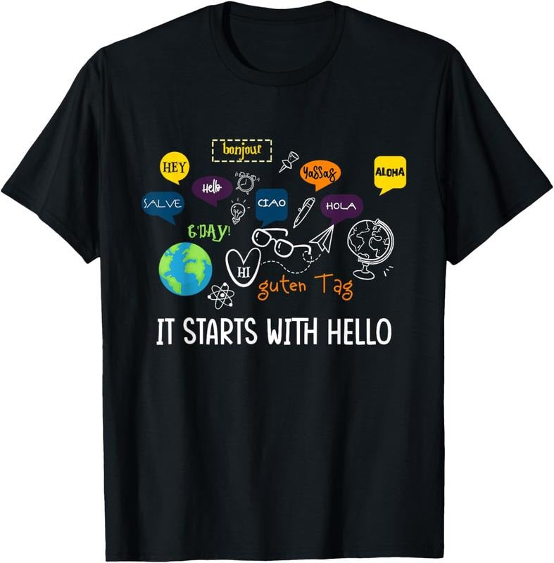 100% Cotton It Starts With Hello Friendship Inclusion Language Teacher T-Shirt