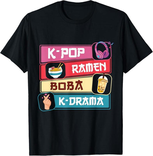 100% Cotton K-Pop Ramen Boba K-Drama Cute Kawaii Korean Drama Teen Girls T-Shirt