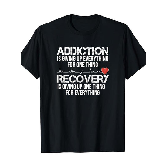 100% Cotton Knit T-Shirt with Heartbeat EKG Recovery & Addiction Quote - Regular Fit, Short Sleeve Crew Neck Adult Tee, All-Season Casual Wear with Slight Stretch & Geometric Pattern, Digital Heat Transfer Print Made in USA