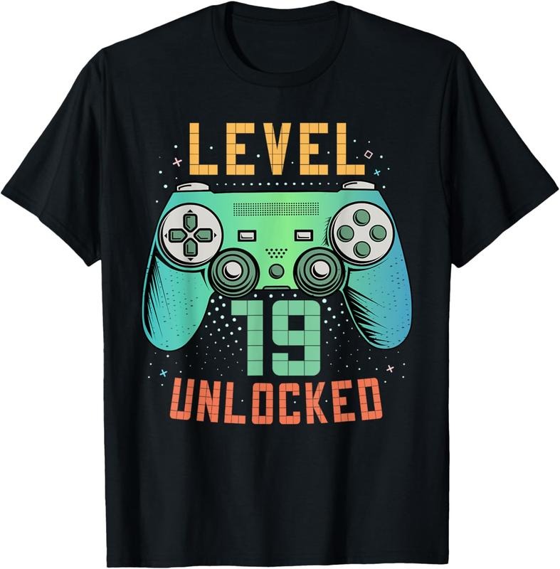 100% Cotton Level 19 Unlocked 19th Birthday Gamer Gifts 19 Year Old Male T-Shirt
