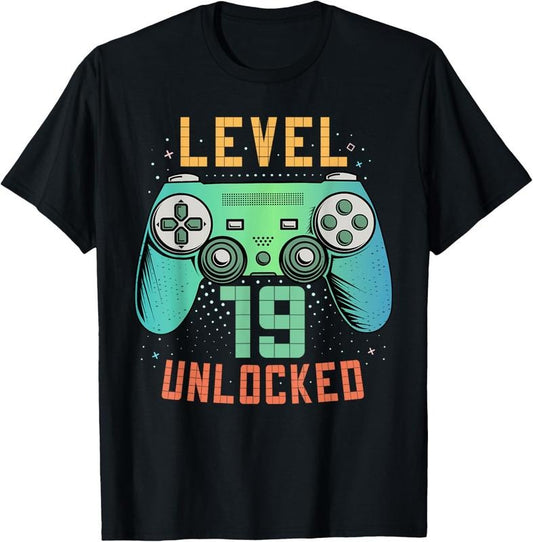 100% Cotton Level 19 Unlocked 19th Birthday Gamer Gifts 19 Year Old Male T-Shirt