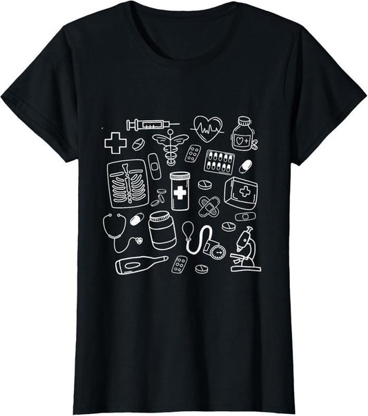 100% Cotton Medical Doodles Nurse Healthcare Profession Women T-Shirt