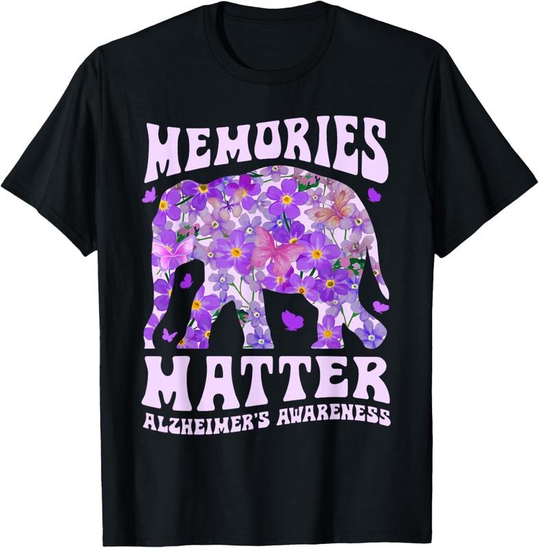 100% Cotton Memories Matter Alzheimer's Awareness Purple Elephant Flower T-Shirt