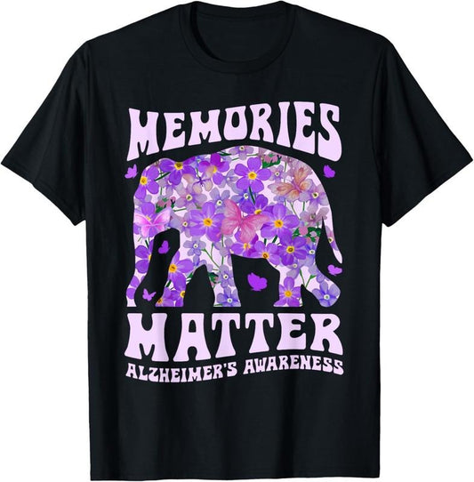 100% Cotton Memories Matter Alzheimer's Awareness Purple Elephant Flower T-Shirt