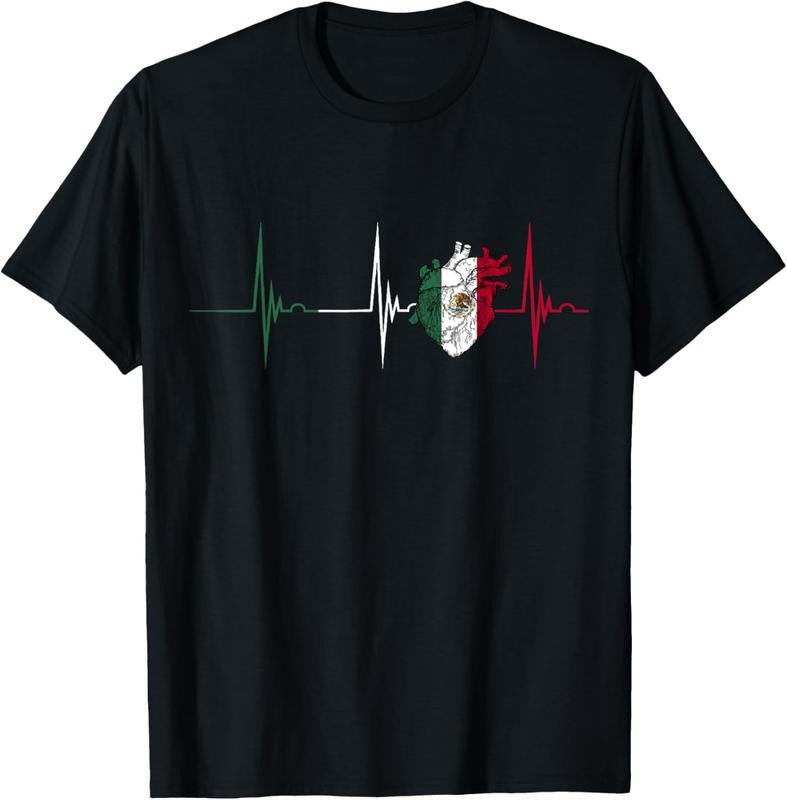 100% Cotton Mexico Heart Mexico Flag Heartbeat EKG Pulse Mexican Pride T-Shirt