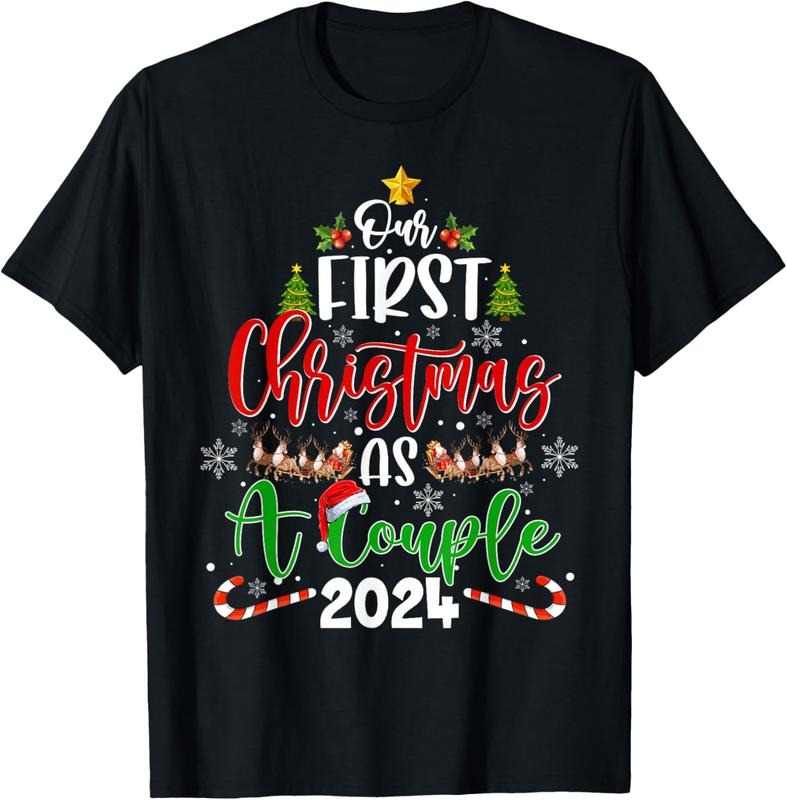 100% Cotton Our First Christmas As A Couple 2024 Xmas Love Couple Pajama T-Shirt