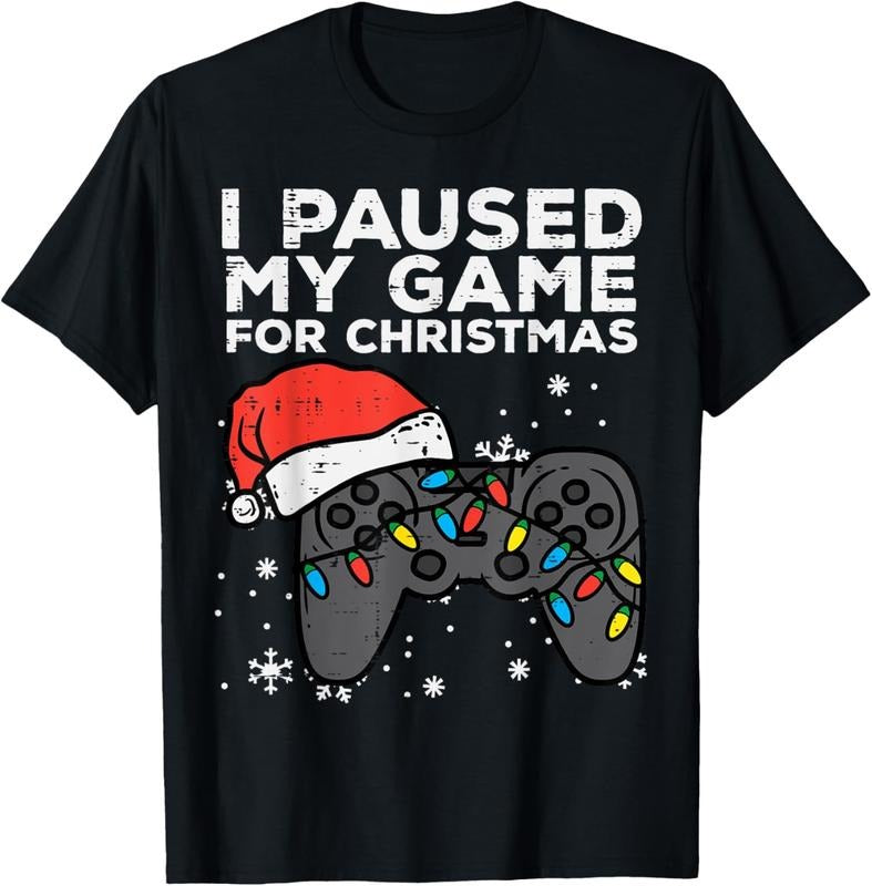 100% Cotton Paused My Game Christmas Gamer Xmas Men Boys Youth Teen T-Shirt