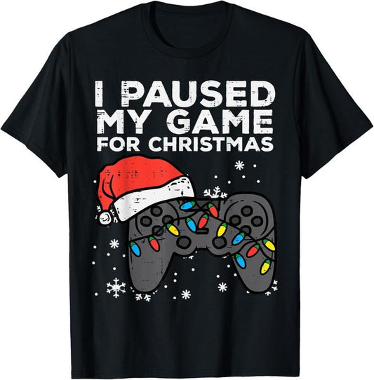 100% Cotton Paused My Game Christmas Gamer Xmas Men Boys Youth Teen T-Shirt