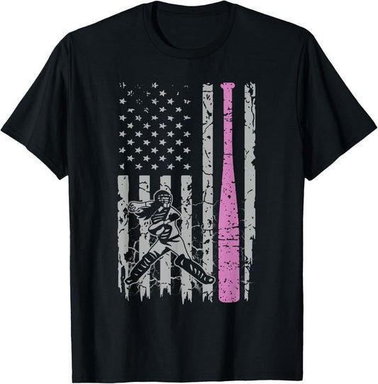 100% Cotton Pink Girls Softball Tee - American Softball For Youth Girls T-Shirt