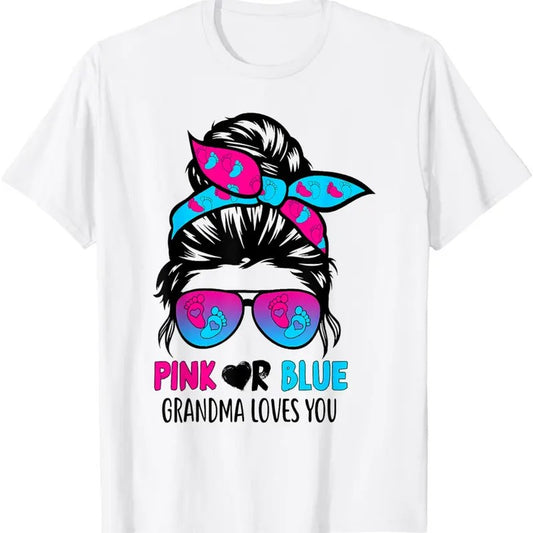 100% Cotton Pink Or Blue Grandma Loves You Messy Bun Hair Gender Reveal T-Shirt