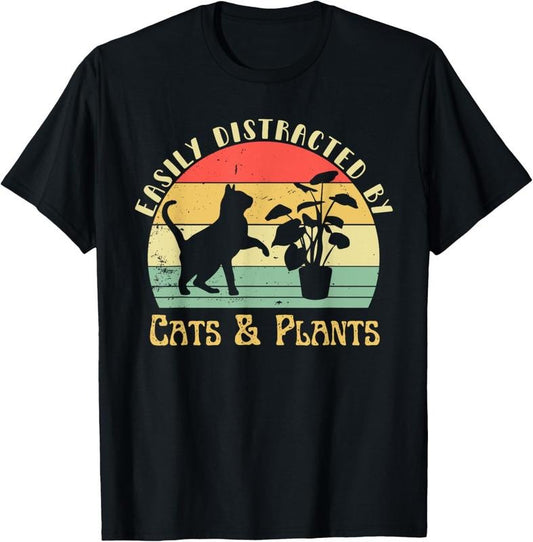 100% Cotton Retro Pet Cat Plant Lover Easily Distracted By Plants & Cats T-Shirt