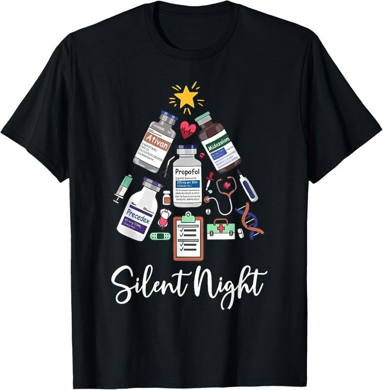 100% Cotton Retro Silent Night ICU Nurse Christmas Intensive Care Unit T-Shirt