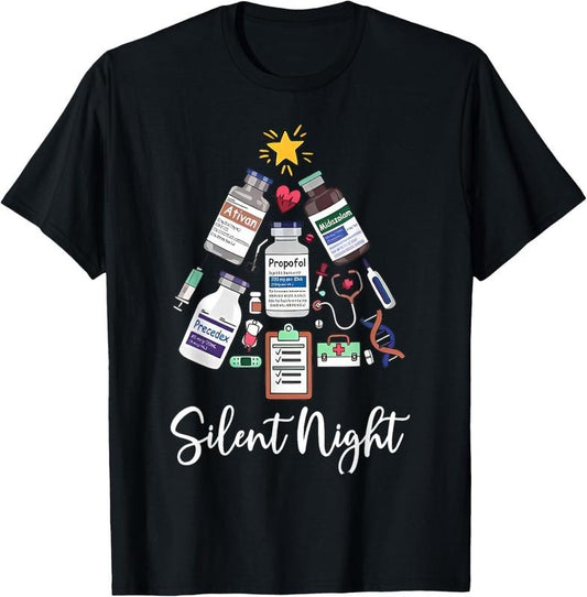 100% Cotton Retro Silent Night ICU Nurse Christmas Intensive Care Unit T-Shirt