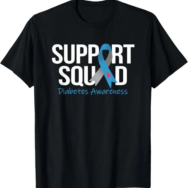 100% Cotton Support Squad Diabetes Awareness Month Blue Gray Ribbon T-Shirt