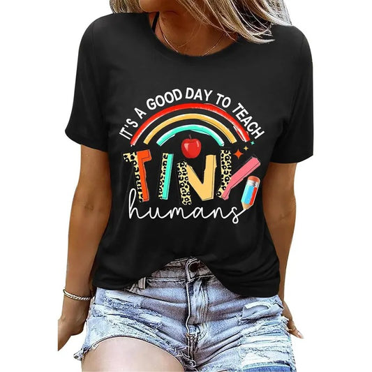 100% Cotton Teacher Gifts Shirt for Women's Teacher Tshirts It's a Good Day to Teach Letter Print Rainbow Graphic Tee Casual Tops