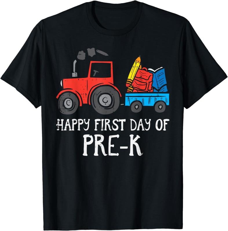 [100% Cotton]Tractor Happy First Day Of Pre-K Prek School Farm Truck Boys T-Shirt