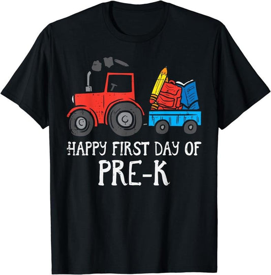 [100% Cotton]Tractor Happy First Day Of Pre-K Prek School Farm Truck Boys T-Shirt