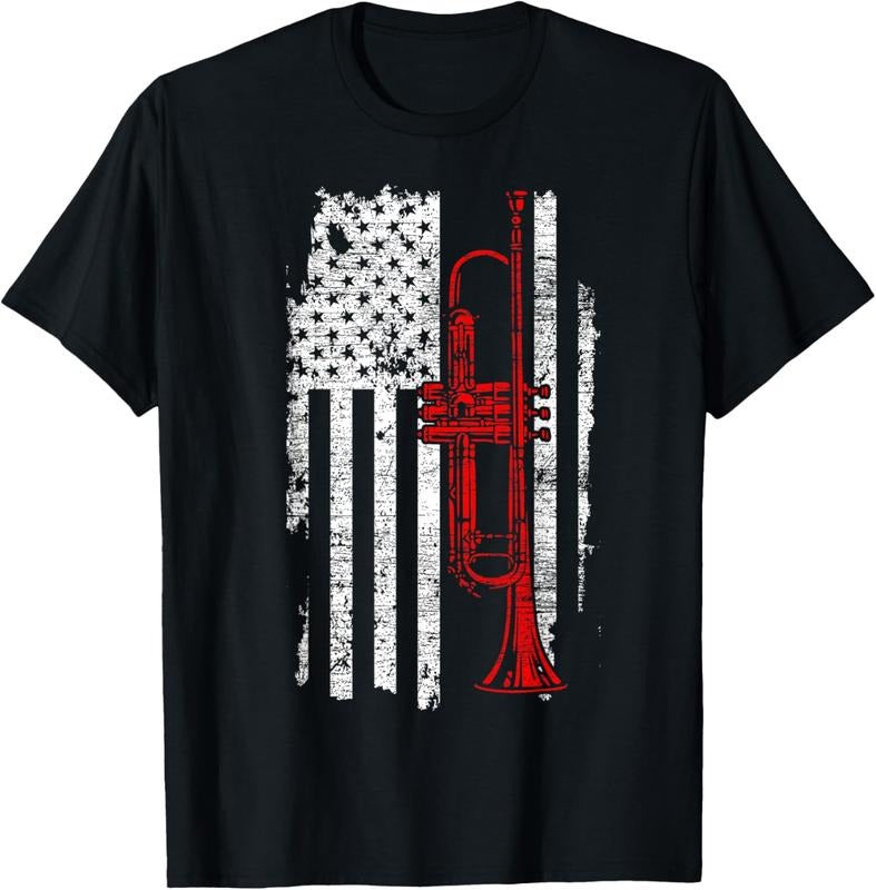 100% Cotton USA Flag Thin Red Line Jazz Music Gifts Trumpet T-Shirt