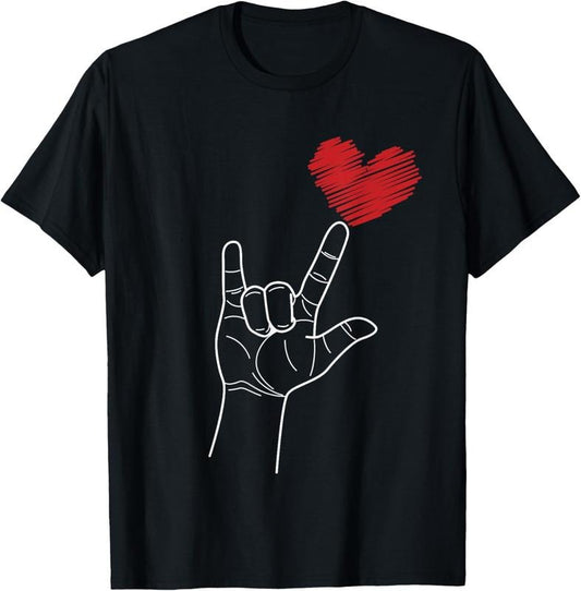 100% Cotton Valentines Day I Love You Hand Sign ASL Heart Women  Men T-Shirt