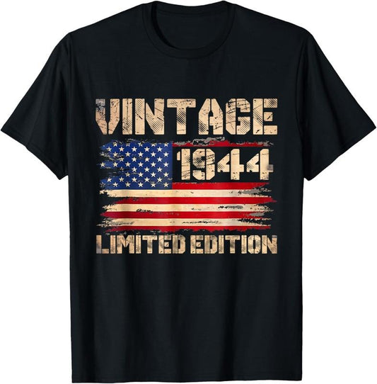 100% Cotton Vintage 1944 80th Birthday Gifts 80 Year Old American Flag T-Shirt