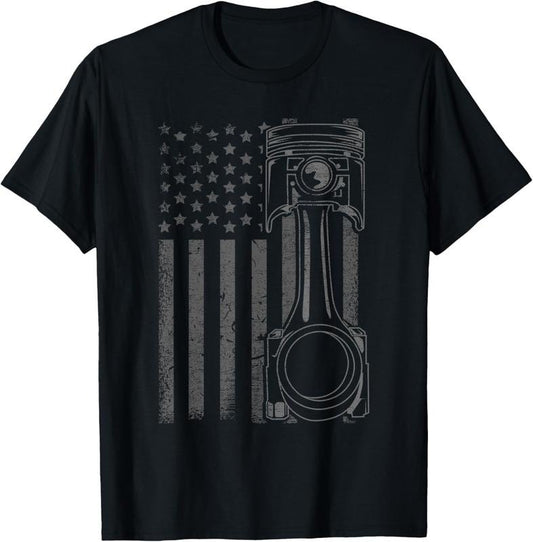 100% Cotton Vintage American Flag Piston Funny Muscle Car Mechanic Gift T-Shirt