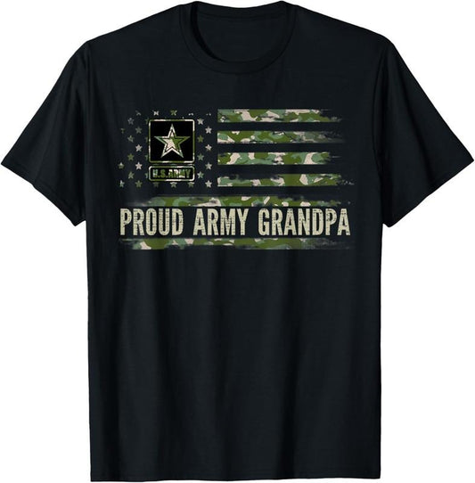 100% Cotton Vintage Proud Army Grandpa Camo American Flag Veteran Gift T-Shirt