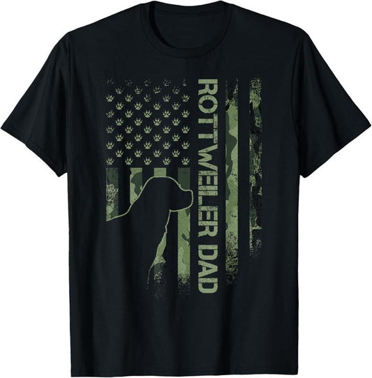 100% Cotton Vintage USA Camo Flag Proud Rottweiler Dad Rottie Silhouette T-Shirt