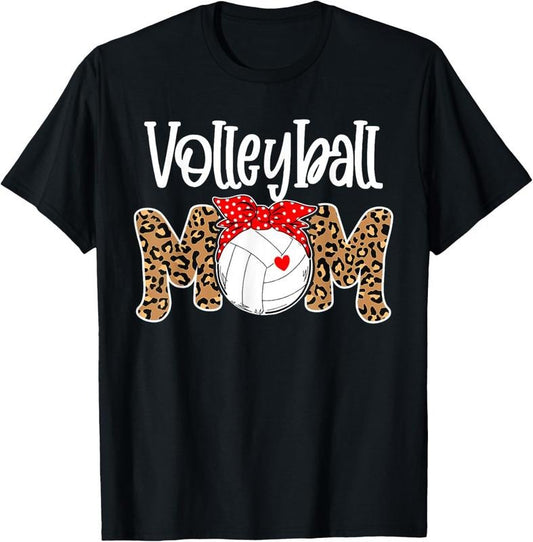 100% Cotton Volleyball Mom Leopard Messy Bun Game Day Funny Mothers Day T-Shirt