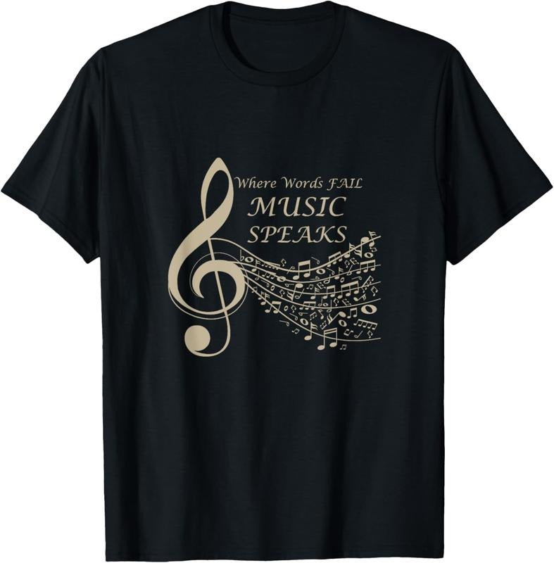 100% Cotton Where Words Fail Music Speaks Musical Music Notes T-Shirt