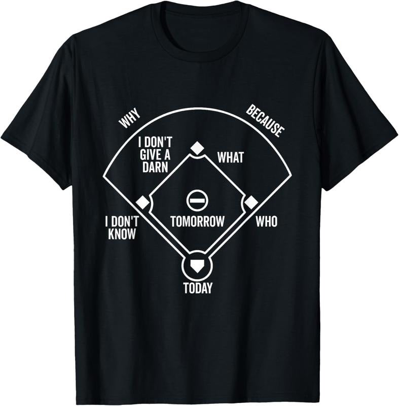 100% Cotton Who's on First Funny Baseball Positions Names Dark T-Shirt