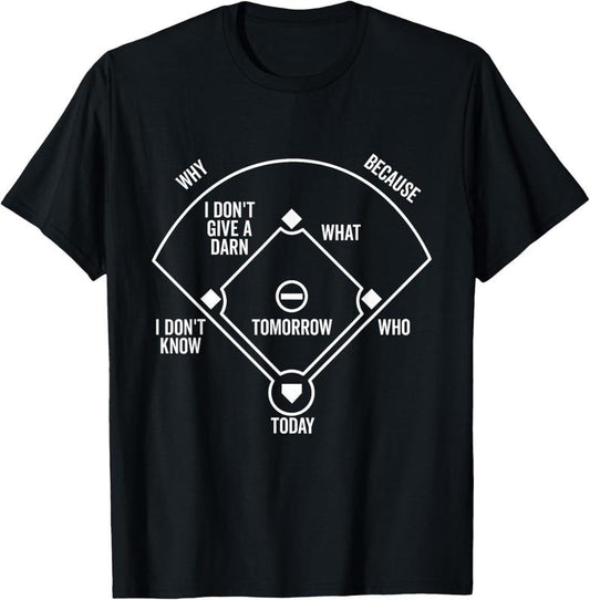 100% Cotton Who's on First Funny Baseball Positions Names Dark T-Shirt