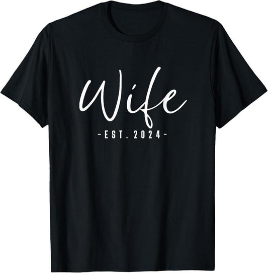 100% Cotton Wife Est 2024 Just Married Honeymoon Wedding Couples T-Shirt