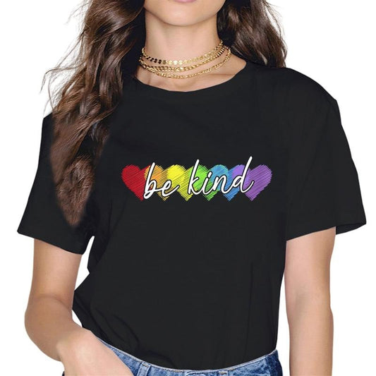 [100% Cotton]Women Fashion LGBT Be Kind Pride LGBT Ally Rainbow Flag Retro Casual T-Shirt