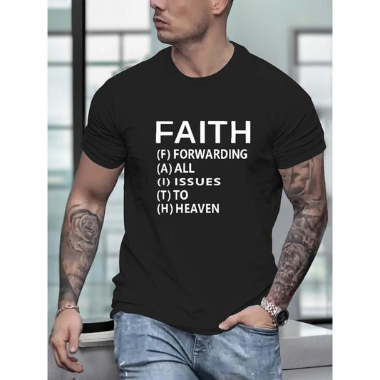 100% cotton T-shirt, FAITH Alphabet Print Crew Neck Short Sleeve T-shirt For Men, Casual Summer T-Shirt For Daily Wear And Vacation Resorts Made in USA