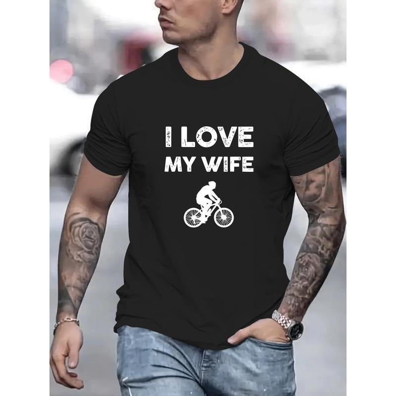 100% cotton T-shirt, I Love My Wife Print, Men's Round Crew Neck Short Sleeve, Simple Style Tee Fashion Regular Fit T-Shirt, Casual Comfy Breathable Top For Spring Summer Holiday Leisure Vacation Men's Clothing As Gift Made in USA