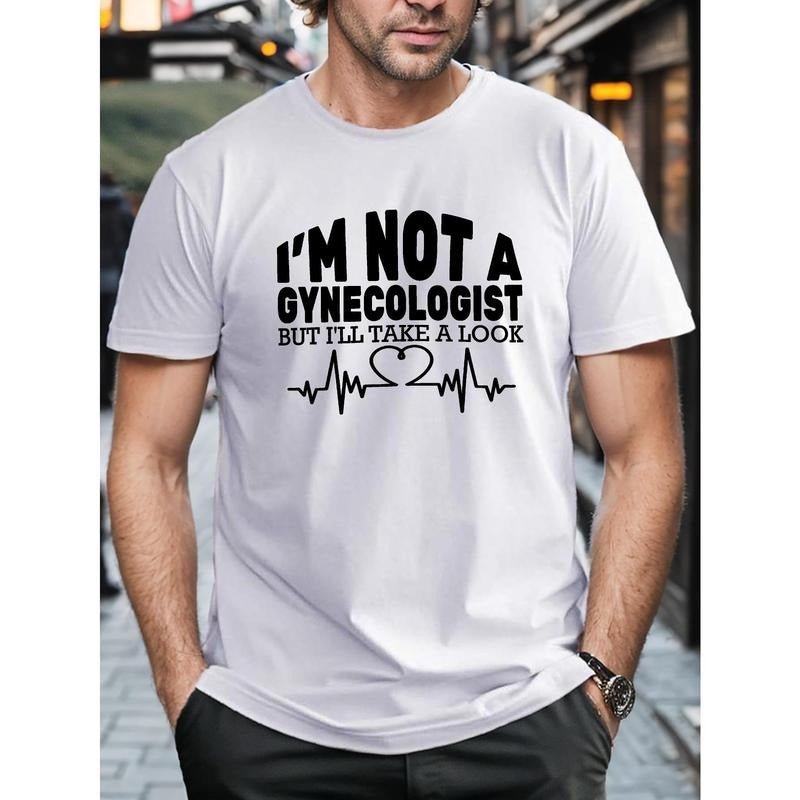 100% cotton T-shirt, Plus Size Men's GYNECOLOGIST Print T-shirt, Casual Short Sleeve Round Neck Top For Summer Outdoor Sports Made in USA