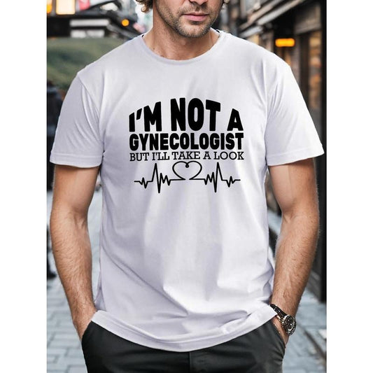 100% cotton T-shirt, Plus Size Men's GYNECOLOGIST Print T-shirt, Casual Short Sleeve Round Neck Top For Summer Outdoor Sports Made in USA