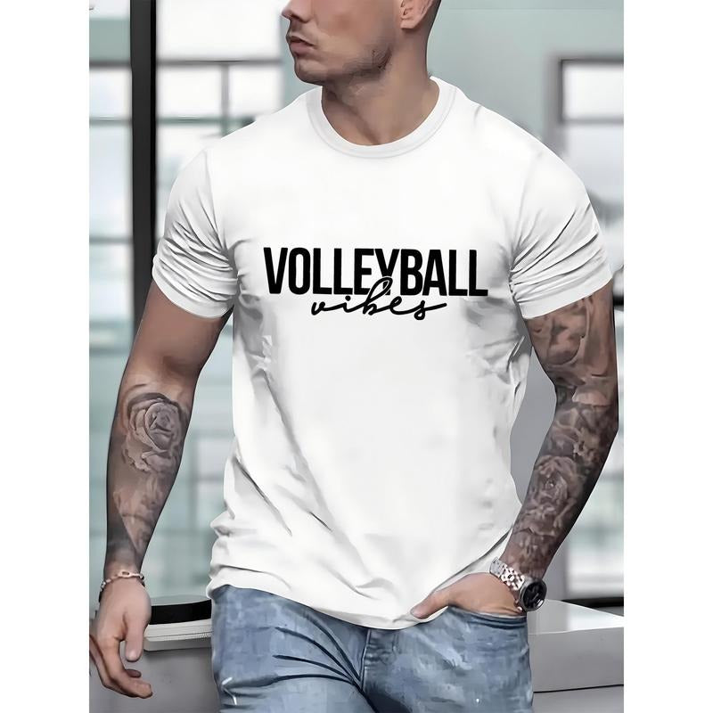 100% cotton T-shirt, Volleyball Print, Men's Round Crew Neck Short Sleeve, Simple Style Tee Fashion Regular Fit T-Shirt, Casual Comfy Breathable Top For Spring Summer Holiday Leisure Vacation Men's Clothing As Gift Made in USA