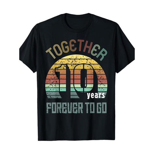 10th Anniversary Couple T-Shirt - 100% Cotton, Geometric Pattern, Crew Neck, Short Sleeve, All-Season, Casual Pullover, Regular Fit, Digital Heat Transfer Design Made in USA