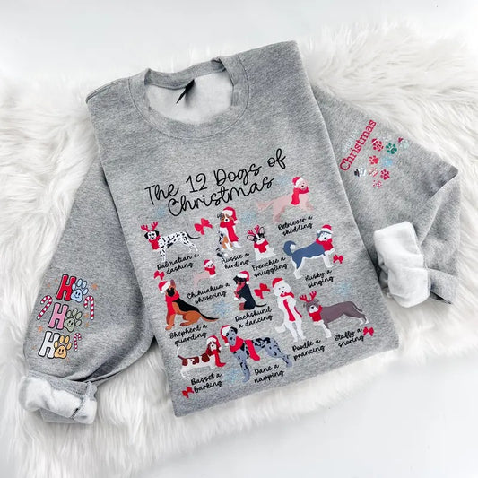12 Dogs of Chritmas Holiday Sweatshirt or Hoodie with sleeve print Comfy Sublimation Tops Menswear Unisex Oversized Pullover