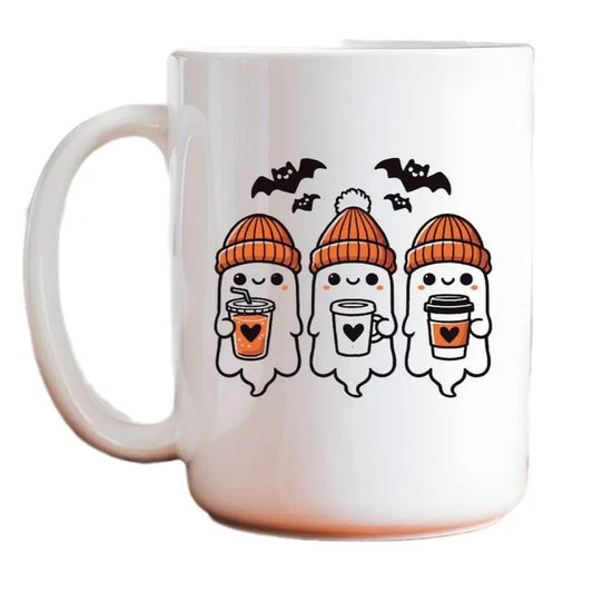 Halloween Triple Ghost Mug, Retro Cute Ghost Coffee Cup, Funny Fall Decor Gift, 11oz/15oz Ceramic Mug, Novelty Drinkware for Coworkers, Reusable