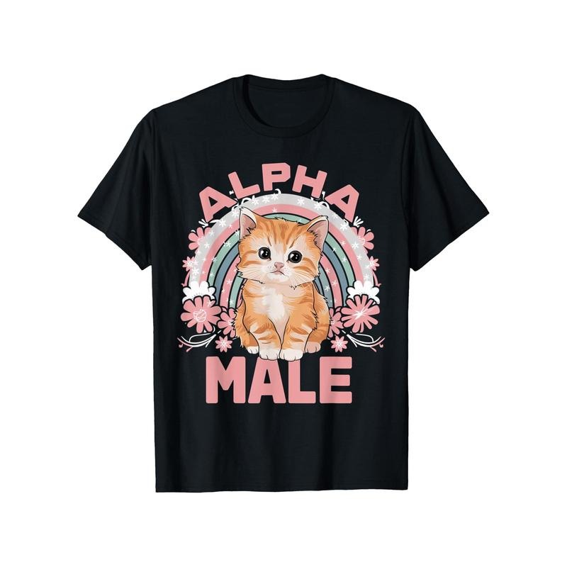 180g Pure Cotton Single-Sided Printed Round Neck T-Shirt Cat Alpha Male Watercolor Cute Cat Paint Colorful Cat Shirt Men T-Shirt (Black)  made in usa