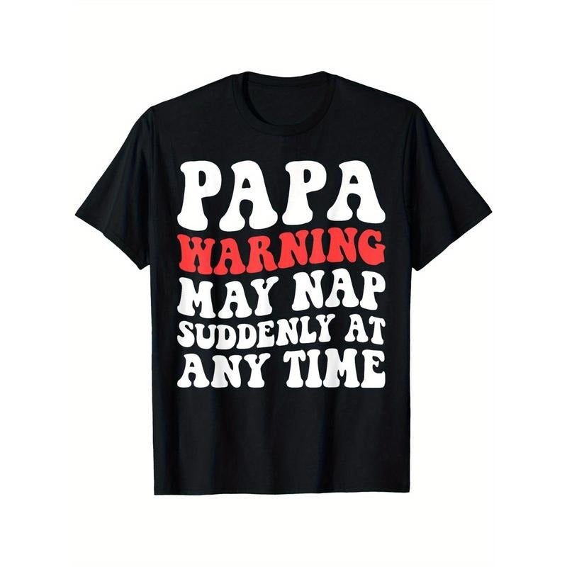 1pc "Papa Warning May Nap Suddenly" Funny Dad T-Shirt, 100% Cotton, Knit Fabric, All-Season, Mature Style, Regular Fit, Crew Neck, Short Sleeve, Single Side Print, S-XXXL, Black made in usa