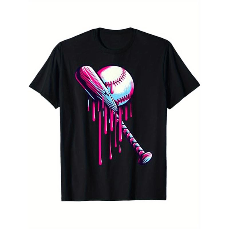 1pc Baseball Bat Drip T-Shirt for Men - 100% Cotton Casual Tee with Graphic Print, Round Neck, Stretch Fabric, All-Season Comfort, Sizes S-XXXL - Ideal for Halloween, Christmas, and Everyday Wear made in usa