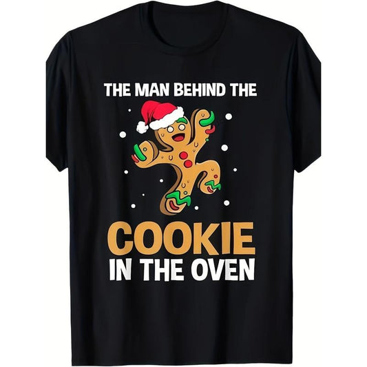1pc Boho Style Christmas Gingerbread Man Print T-Shirt- 100% Cotton Crew Neck Short Sleeve Casual Tee for Adults- All-Season Knit Fabric Pullover with Slight Stretch- Regular Fit Gender Reveal Dad Shirt made in usa