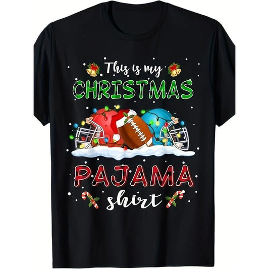 1pc Christmas Football Themed T-Shirt, 100% Cotton Crew Neck, Casual Loose Fit with Short Sleeves, All-Season Knit Fabric with Slight Stretch, Regular Length, Digital Heat Transfer Patterned Design for Adults - Weekend Casual Wear made in usa