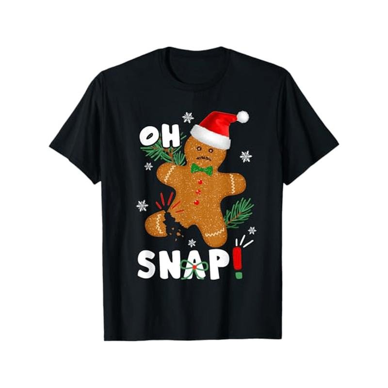 1pc Christmas Gingerbread Man T-Shirt with Santa Hat, Casual Style, Round Neck, Cotton Blend, Stretch Fabric, Loose Fit, Printed Graphic Tee for Men - All Seasons made in usa