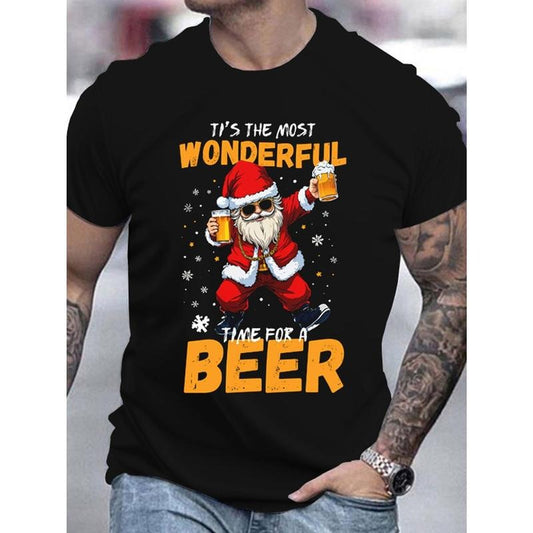 1pc Christmas Santa 3D Print T-Shirt, Men's Casual Round Neck Short Sleeve Tee, Polyester Knit Fabric, Festive Holiday Top for Adults - Summer Season Made in USA