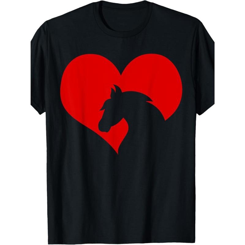 1pc EWH Men'S Casual Cotton T-Shirt with Equestrian Horse Heart Silhouette Print, Round Neck, Loose Fit, Knitted Fabric, Graphic Tee for All Seasons made in usa