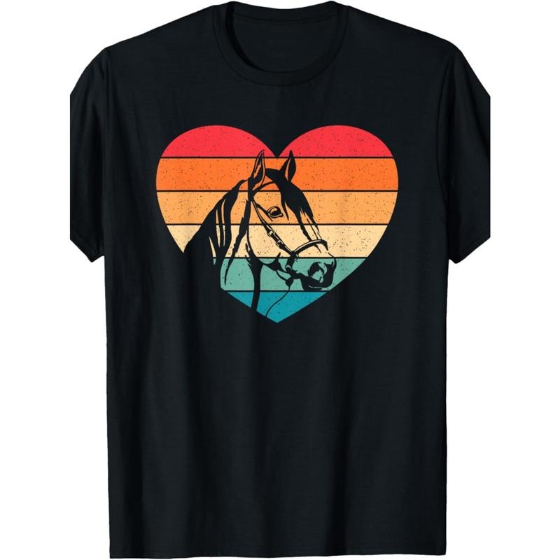1pc EWH Men'S Casual Cotton T-Shirt with Retro Horse Heart Print, Knitted Fabric, Round Neck, Loose Fit, All-Season, for Horse Lovers made in usa
